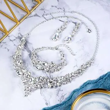 BriLove Wedding Bridal Jewelery for Women Austrian Crystal Teardrop Cluster Statement Necklace Dangle Earrings Link Bracelet Set Clear Silver-Tone