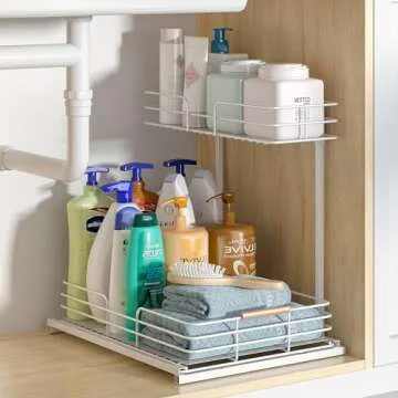 LAMU Under Sink Organizers and Storage, Pull Out Bathroom Kitchen Cabinet Organizers and Storage, 2-Tier White Under Sink Shelf Organizer Under Counter Storage Organizer