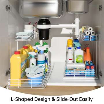 LAMU Under Sink Organizers and Storage, Pull Out Bathroom Kitchen Cabinet Organizers and Storage, 2-Tier White Under Sink Shelf Organizer Under Counter Storage Organizer