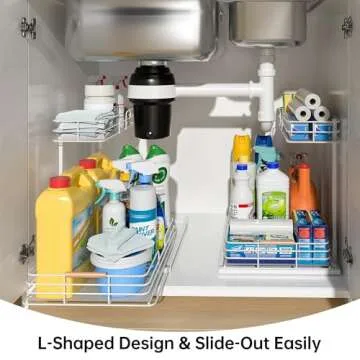 LAMU Under Sink Organizers and Storage, Pull Out Bathroom Kitchen Cabinet Organizers and Storage, 2-Tier White Under Sink Shelf Organizer Under Counter Storage Organizer