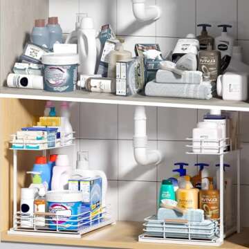 LAMU Under Sink Organizers and Storage, Pull Out Bathroom Kitchen Cabinet Organizers and Storage, 2-Tier White Under Sink Shelf Organizer Under Counter Storage Organizer