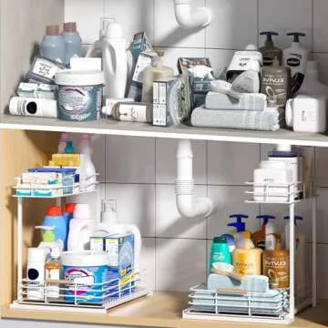 LAMU Under Sink Organizers and Storage, Pull Out Bathroom Kitchen Cabinet Organizers and Storage, 2-Tier White Under Sink Shelf Organizer Under Counter Storage Organizer