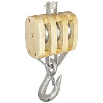 Indusco 16900126 4" Triple Wood Manila Rope Block with Hook, 1/2" Rope, 2 1/4" Sheave, 1,800 lbs WLL