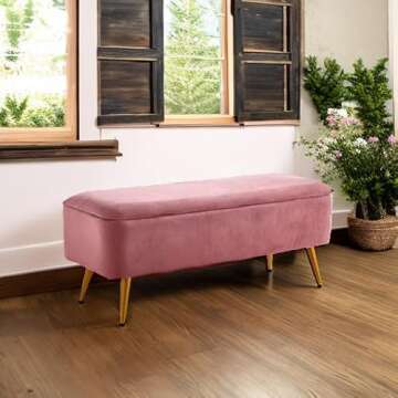 Ball & Cast Upholstered Velvet Storage Bench 44"W x 16"D x 18"H Rose,Golden Powder Coating Legs Set of 1