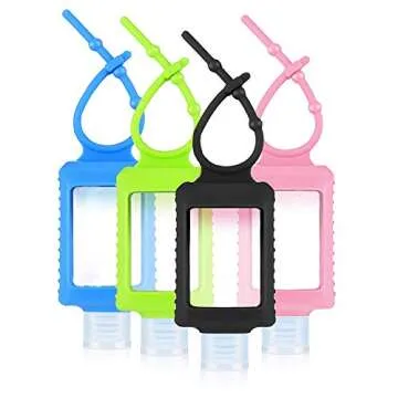 4 Pack Travel Size Plastic Clear Bottles w/Silicone Sleeve Refillable Empty Squeeze Containers Leakproof Flip Cap Keychain Bottles Hand Sanitizer Holder for Backpack Travel Outdoor (60ml/2oz) (A)