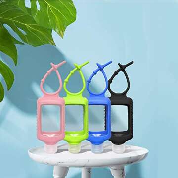 4 Pack Travel Size Plastic Clear Bottles w/Silicone Sleeve Refillable Empty Squeeze Containers Leakproof Flip Cap Keychain Bottles Hand Sanitizer Holder for Backpack Travel Outdoor (60ml/2oz) (A)