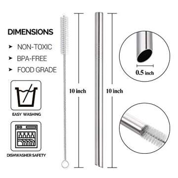 5 Pcs 10" Reusable Bubble Tea & Smoothie Straws, Stainless Steel, Angled Tips, 0.5" Wide, Cleaning B...