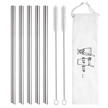 5 Pcs 10" Reusable Bubble Tea & Smoothie Straws, Stainless Steel, Angled Tips, 0.5" Wide, Cleaning Brushes