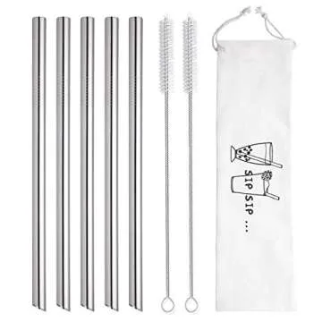 5 Pcs 10" Reusable Bubble Tea & Smoothie Straws, Stainless Steel, Angled Tips, 0.5" Wide, Cleaning Brushes