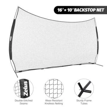 ZELUS 16x10 ft Barricade Backstop Net, Ball Sports Barrier Net, Practice Net for Baseball Softball Lacrosse Soccer and More, Mini Soccer Goal and Baseball Training Equipment for Kids and Adults, Black