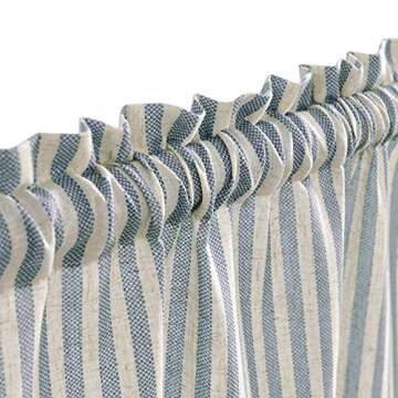 Vangao Stripe Farmhouse Kitchen Curtains 24 Inch Length Linen Blend Cafe Curtains Tickingstripe Tier Drapes Pinstripe Semi-Sheer Small Window Treatments Rod Pocket 2 Panels Blue on Beige
