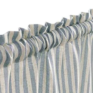 Vangao Stripe Farmhouse Kitchen Curtains 24 Inch Length Linen Blend Cafe Curtains Tickingstripe Tier Drapes Pinstripe Semi-Sheer Small Window Treatments Rod Pocket 2 Panels Blue on Beige