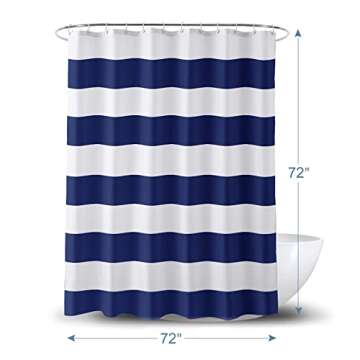 AmazerBath Navy Blue Shower Curtain Stripes, 72" W x 72" H Blue and White Shower Curtain, Fabric Sho...