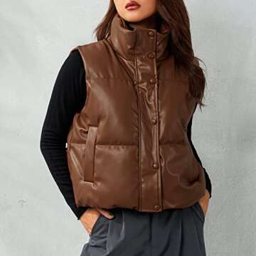 Ailoqing Womens Faux Leather Puffer Vest - Stylish, Cozy Winter Essential