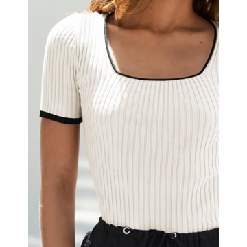 ZESICA Women's Square Neck Color Block Tee for Summer