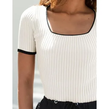 ZESICA Women's Square Neck Color Block Tee for Summer