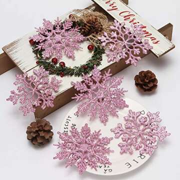 Sea Team Plastic Christmas Glitter Snowflake Ornaments Christmas Tree Decorations, 4-inch, Set of 36, Pink