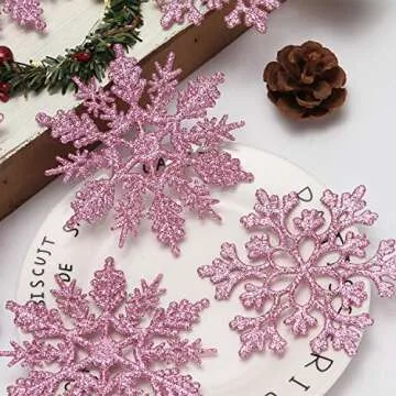 Sea Team Plastic Christmas Glitter Snowflake Ornaments Christmas Tree Decorations, 4-inch, Set of 36, Pink
