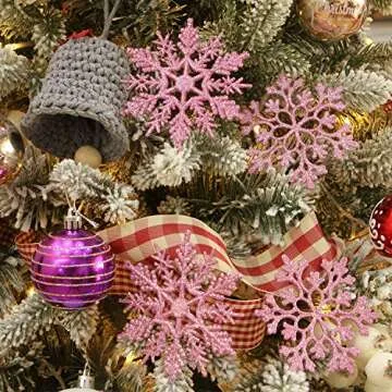 Sea Team Plastic Christmas Glitter Snowflake Ornaments Christmas Tree Decorations, 4-inch, Set of 36, Pink