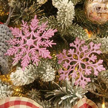 Sea Team Plastic Christmas Glitter Snowflake Ornaments Christmas Tree Decorations, 4-inch, Set of 36, Pink