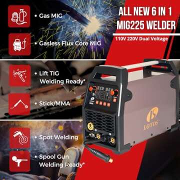 LOTOS MIG225 225A MIG Welder, 6 in 1 Gas MIG, Gasless Flux Core MIG, Stick, Lift TIG, Spot, Spool Al...