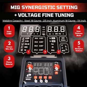 LOTOS MIG225 225A MIG Welder, 6 in 1 Gas MIG, Gasless Flux Core MIG, Stick, Lift TIG, Spot, Spool Aluminum Multi Process Welding Machine, Auto MIG Synergistic Setting & Voltage Fine Tuning, 120/240V