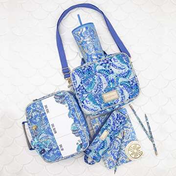 Lilly Pulitzer Blue Thermal Insulated Lunch Box for Women, Cooler Bag with Adjustable/Removable Shoulder Strap, Wave After Wave