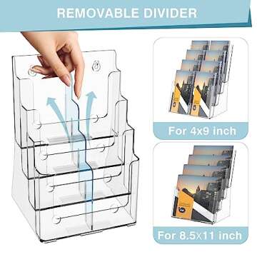 Acrylic Brochure Holder, 4 Tier Brochure Holder 8.5 x 11 Inches, Magazine Holder, Flyer Holder, Literature and Pamphlet Holder, Brochure Display Stand with Removable Divider, Use for 4 x 9 or 8.5 x 11