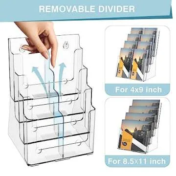 Acrylic Brochure Holder, 4 Tier Brochure Holder 8.5 x 11 Inches, Magazine Holder, Flyer Holder, Literature and Pamphlet Holder, Brochure Display Stand with Removable Divider, Use for 4 x 9 or 8.5 x 11