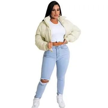 Angsuttc Bubble Coats for Women Puffer Jacket Zip-Up Crop Warm Winter Jackets with Pockets Beige M