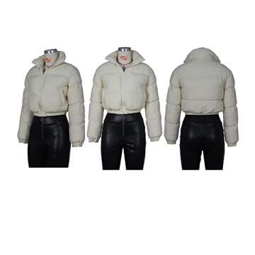 Angsuttc Bubble Coats for Women Puffer Jacket Zip-Up Crop Warm Winter Jackets with Pockets Beige M