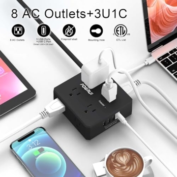 Premium Surge Protector Power Strip - 6 Ft Flat Plug with 8 Outlets & 4 USB Ports