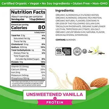 Orgain Organic Vegan Protein Almond Milk, Unsweetened Vanilla - 10g Plant Protein, Calciuns, No Lact...