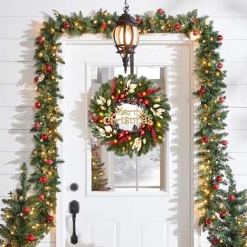 Christmas Wreaths for Front Door, 24 Inch Christmas Ball Wreath Decorations with Lights