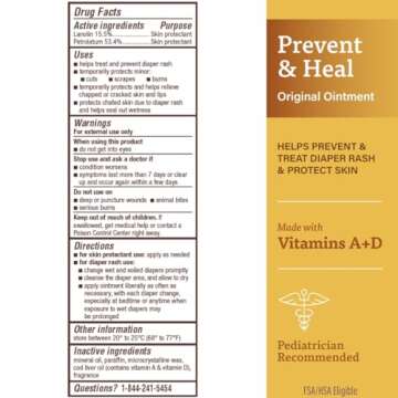 A+D Original Diaper Rash Ointment, Baby Skin Protectant with Lanolin and Petrolatum, Seals Out Wetness, Helps Prevent Diaper Rash, 1.5 Ounce Tube, Packaging May Vary