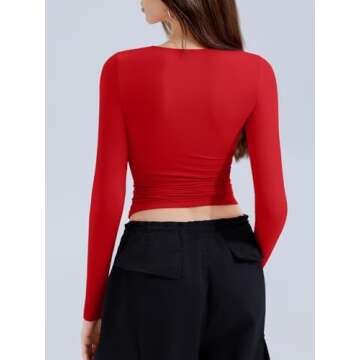 REORIA Long Sleeve Shirts for Women 2024 Fall Fashion Round Neck Basics Going Out Tops Layering Slim Fitted Top Red S