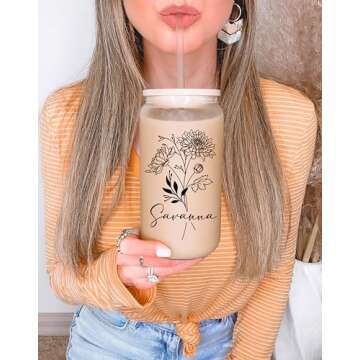 Sip Sip Hooray Personalized Name Birth Flower Glass Cup with Lid and Straw in Black or White, Custom...