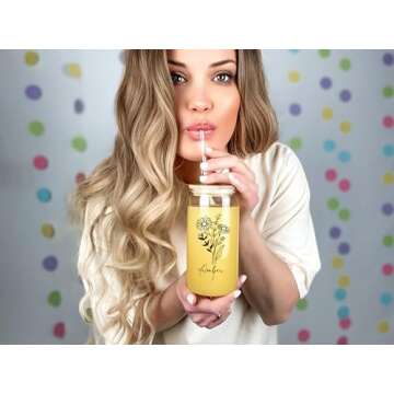 Sip Sip Hooray Personalized Name Birth Flower Glass Cup with Lid and Straw in Black or White, Custom Tumbler Iced Coffee Mug Gift for Women, Teachers, Bridesmaids, Mom, Christmas, 16 oz