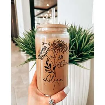 Sip Sip Hooray Personalized Name Birth Flower Glass Cup with Lid and Straw in Black or White, Custom Tumbler Iced Coffee Mug Gift for Women, Teachers, Bridesmaids, Mom, Christmas, 16 oz