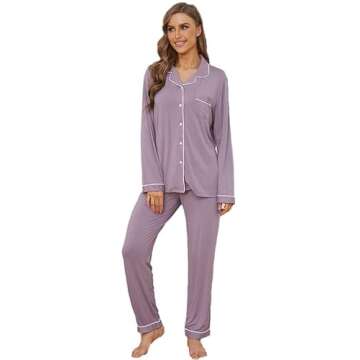 Yoolfine Button Up Pajamas for Women, Long Sleeve Sleepwear Soft Loungewear Ladies Pjs Set, Lavender...