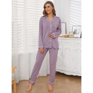 Yoolfine Button Up Pajamas for Women, Long Sleeve Sleepwear Soft Loungewear Ladies Pjs Set, Lavender, X-Large