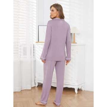 Yoolfine Button Up Pajamas for Women, Long Sleeve Sleepwear Soft Loungewear Ladies Pjs Set, Lavender, X-Large