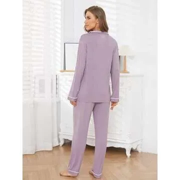Yoolfine Button Up Pajamas for Women, Long Sleeve Sleepwear Soft Loungewear Ladies Pjs Set, Lavender, X-Large