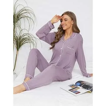 Yoolfine Button Up Pajamas for Women, Long Sleeve Sleepwear Soft Loungewear Ladies Pjs Set, Lavender, X-Large