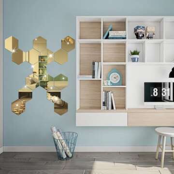 NAILDOKI DIY Wall Decals Acrylic Mirror Sticker Set 12 Pcs, Hexagon Mirror Wall Stickers for Living Room Bedroom Decor (Gold)