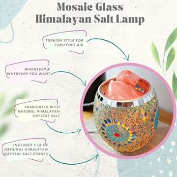 Mosa More Himalayan Salt Lamp Mosaic Glass Handmade (4LB) with Natural Night Light Turkish Style Purifying Air, Wellness, Meditation Included Original Pakistan Himalayan Crystal Salt Stones