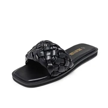 DREAM PAIRS Women's Square Open Toe Slide Sandals Cute Slip on Braided Strap Rhinestone Flat Sandals...