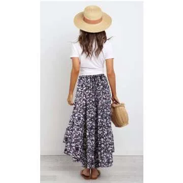 PRETTYGARDEN Ditzy Floral Skirt Midi Boho Elastic High Waist Skirt A-line Long Vintage Skirts for Women Pleated Skirt (Navy, Small)