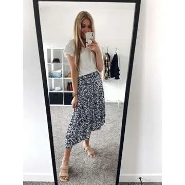 PRETTYGARDEN Ditzy Floral Skirt Midi Boho Elastic High Waist Skirt A-line Long Vintage Skirts for Women Pleated Skirt (Navy, Small)