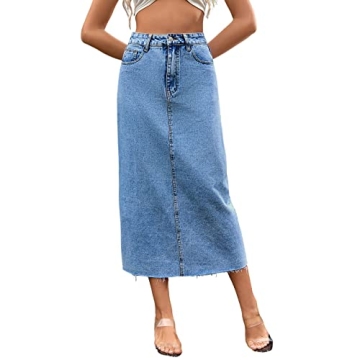 Viatabuna Denim Skirt for Women - Midi Length High Waist with Frayed Hem
